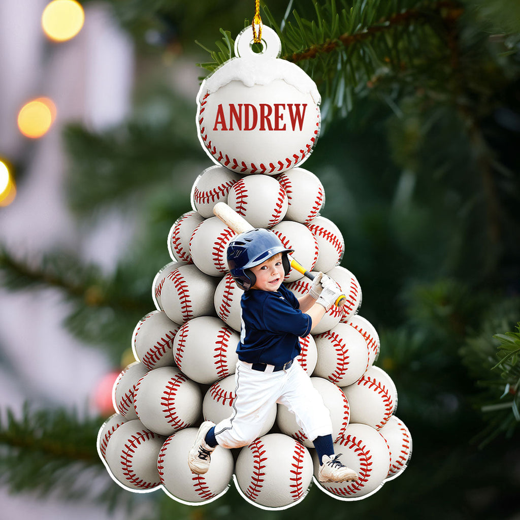 Custom Photo Keepsake Christmas Ornament • Twinkle Baseball Pinetree - Personalized Acrylic Ornament