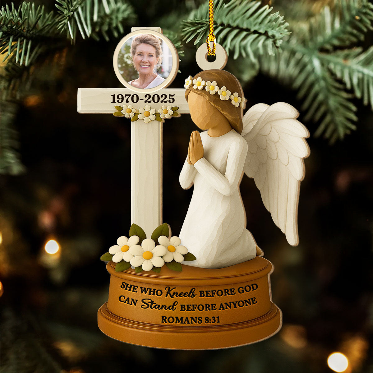 Custom Photo Memorial Christmas Ornament, Sympathy Keepsake • On Angels Wings - Personalized 3D Effect Wood Ornament