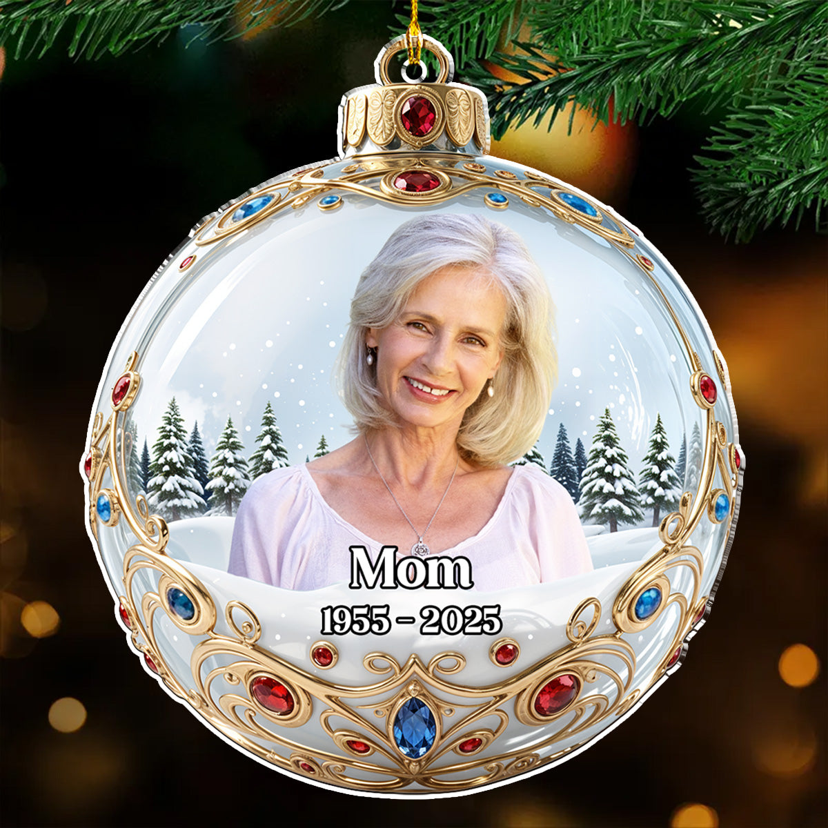 Custom Photo Memorial Christmas Ornament, Sympathy Keepsake • Forever In Our Hearts Version 2 - Personalized Acrylic Ornament