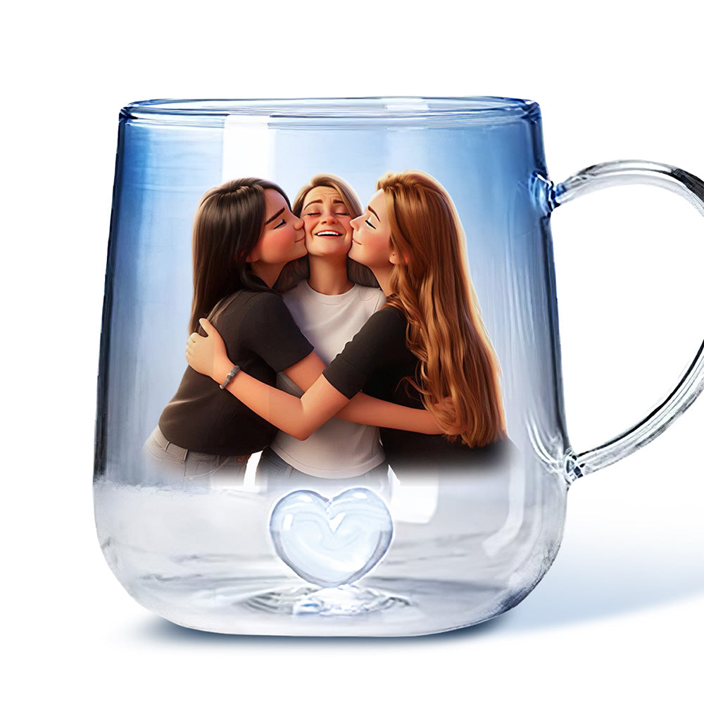 Custom Photo Mother's Day Gift for Mom & Grandma • Mother And Daughter Cartoonize - Personalized Blue Gradient Glass Mug