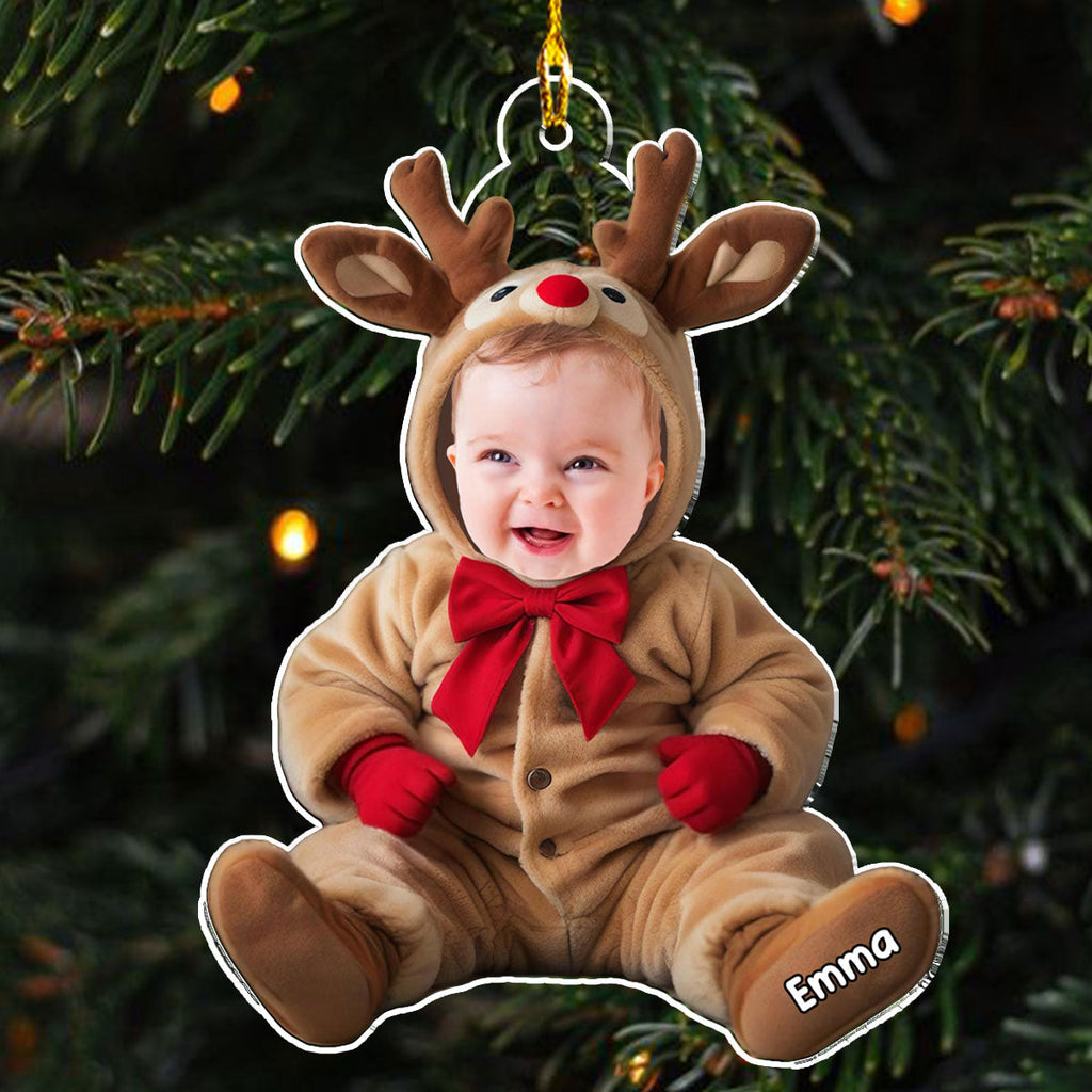Custom Photo Baby Christmas Ornament for New Parents • Baby Reindeer Photo - Personalized Acrylic Ornament