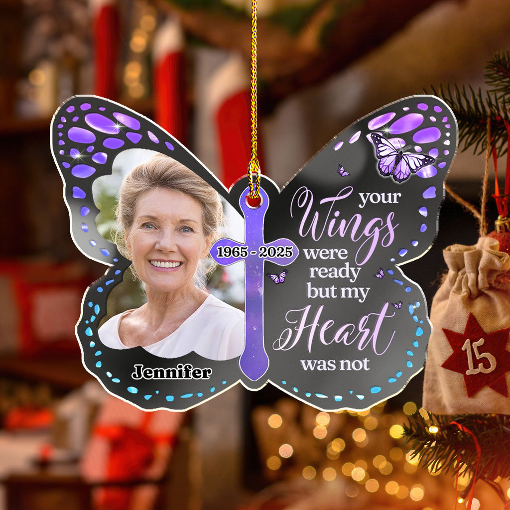 Custom Photo Memorial Christmas Ornament, Sympathy Keepsake • Your Wings Were Ready - Personalized Mirrored Acrylic Ornament