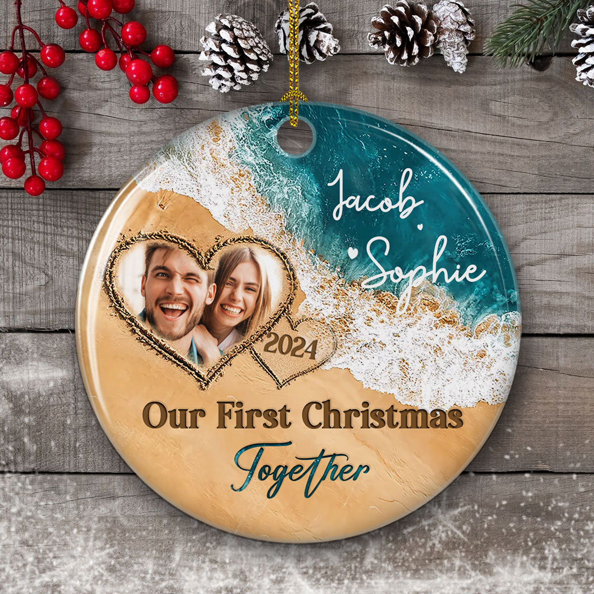 Custom Photo Couple Christmas Ornament, Anniversary Gift • The Year We Became - Personalized Ceramic Ornament