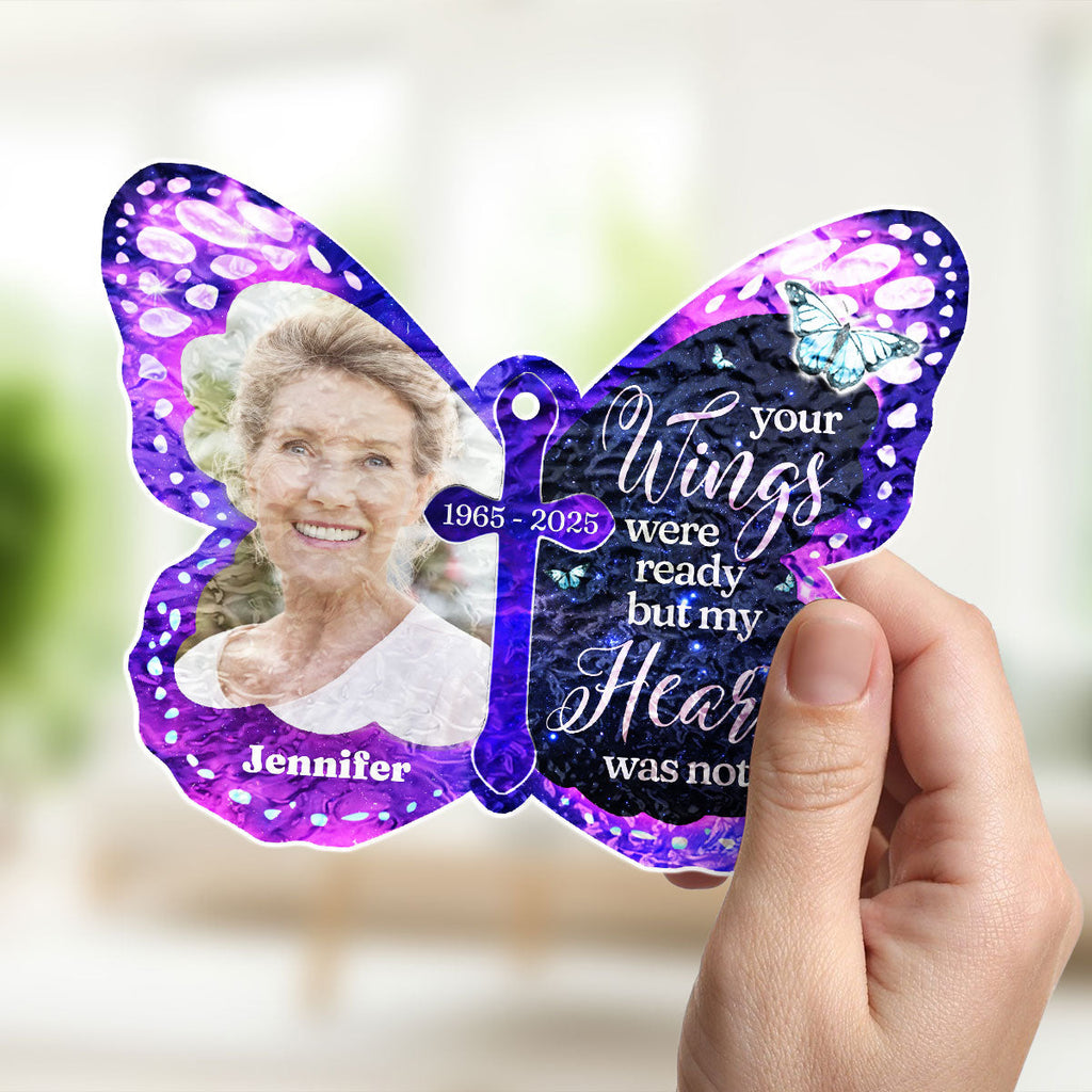 Custom Photo Memorial Hanging Decor, Remembrance Keepsake • Your Wings Were Ready - Personalized Wavy Suncatcher