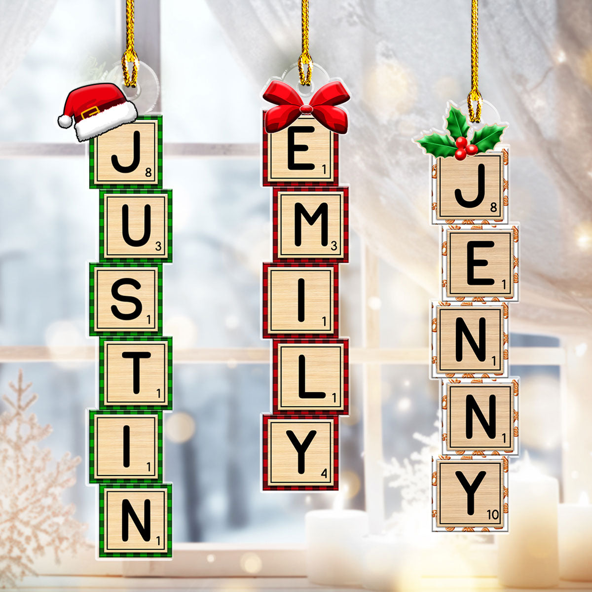 Custom Name Letter Tile Christmas Ornament & Stocking Tag • First Snow Box Letter - Personalized Acrylic Ornament