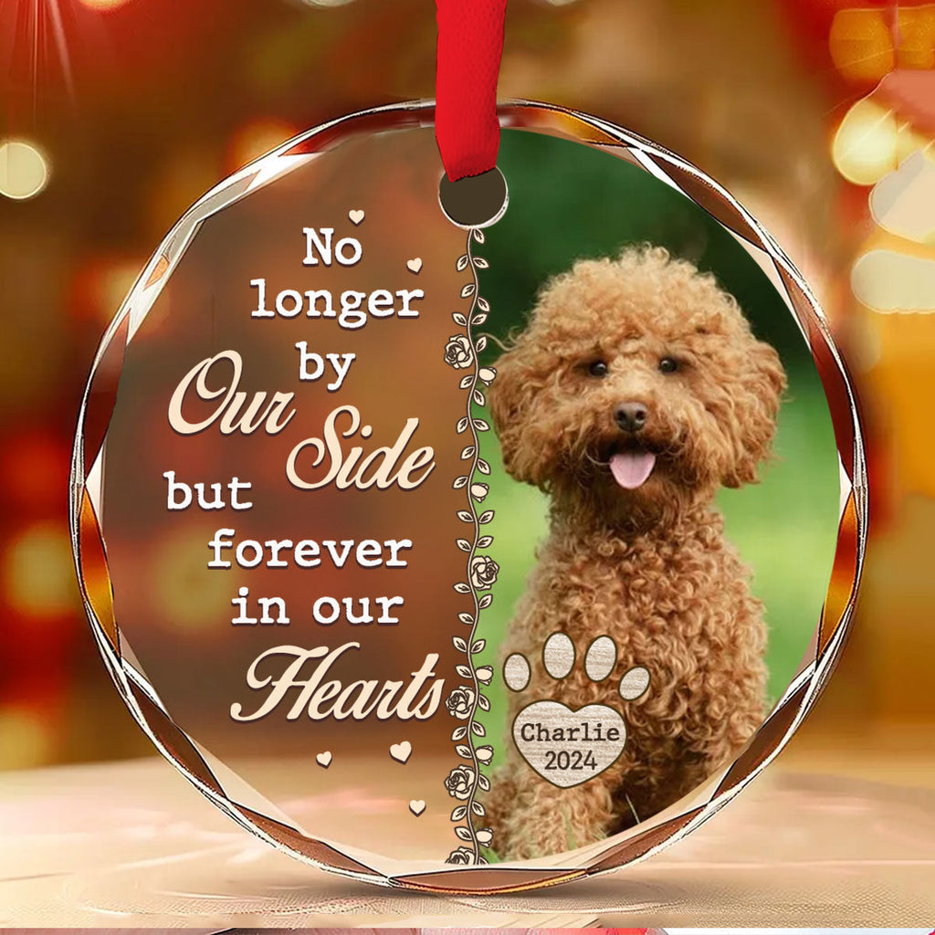 Custom Photo Memorial Christmas Ornament, Sympathy Keepsake • No Longer By Our Side - Personalized Glass Ornament