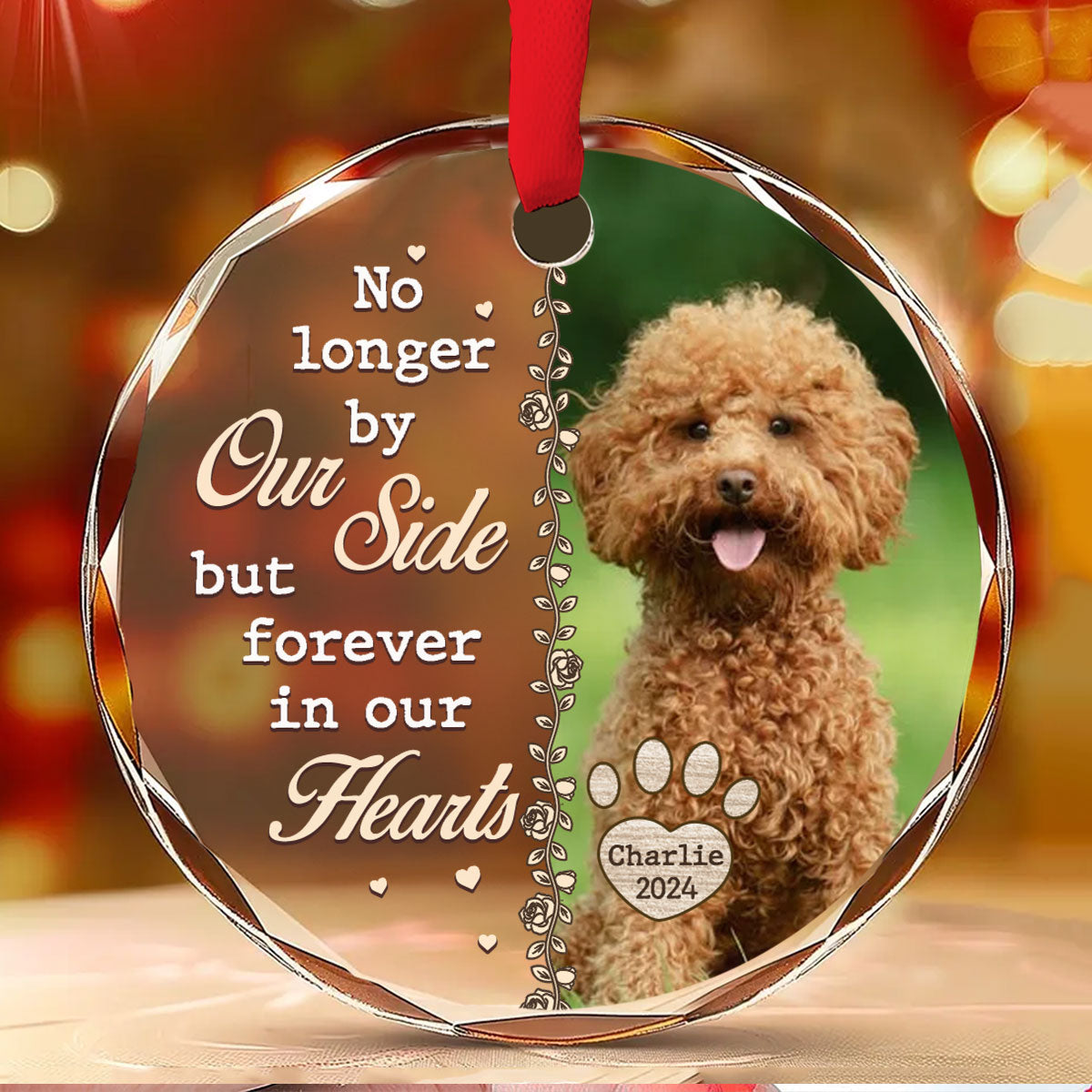 Custom Photo Memorial Christmas Ornament, Sympathy Keepsake • No Longer By Our Side - Personalized Glass Ornament