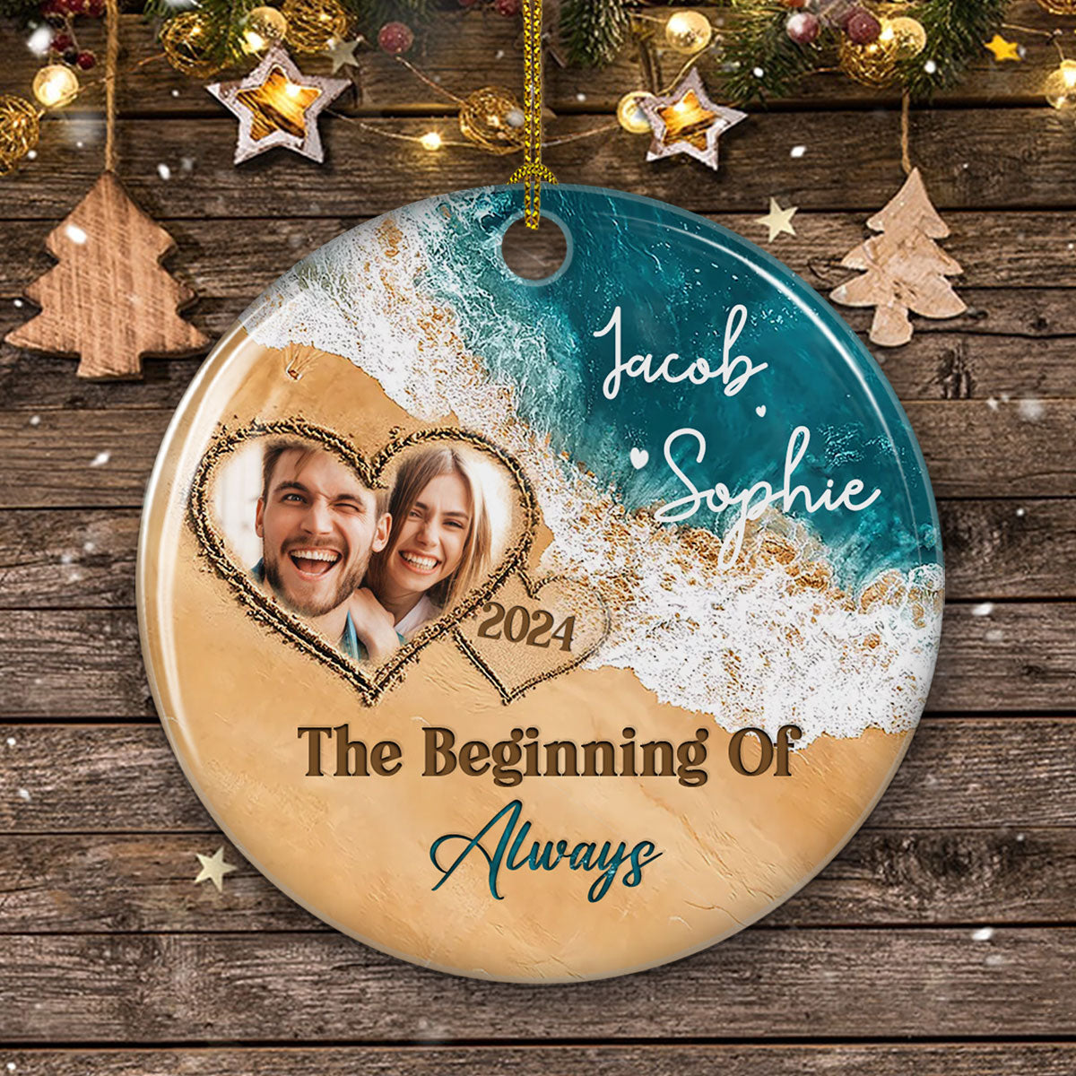 Custom Photo Couple Christmas Ornament, Anniversary Gift • The Year We Became - Personalized Ceramic Ornament