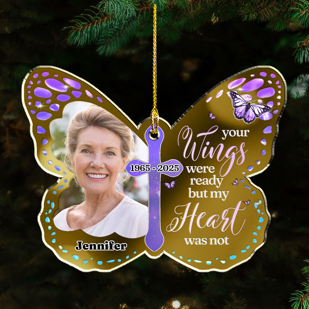 Custom Photo Memorial Christmas Ornament, Sympathy Keepsake • Your Wings Were Ready - Personalized Mirrored Acrylic Ornament
