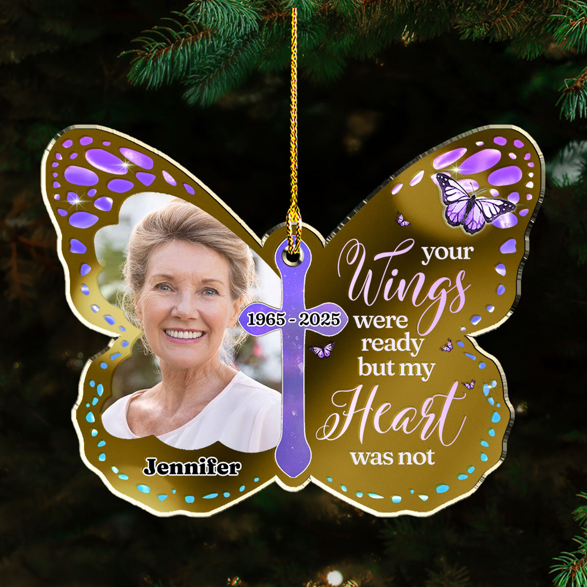 Custom Photo Memorial Christmas Ornament, Sympathy Keepsake • Your Wings Were Ready - Personalized Mirrored Acrylic Ornament
