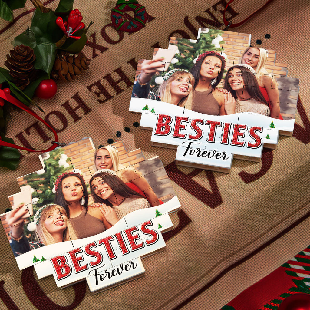 Custom Photo Friendship Christmas Ornament, Best Friend Gift • Lovely Besties - Personalized Puzzle Ornament
