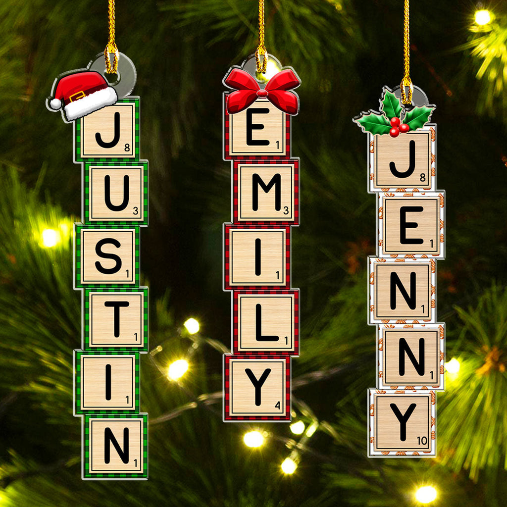 Custom Name Letter Tile Christmas Ornament & Stocking Tag • First Snow Box Letter - Personalized Acrylic Ornament