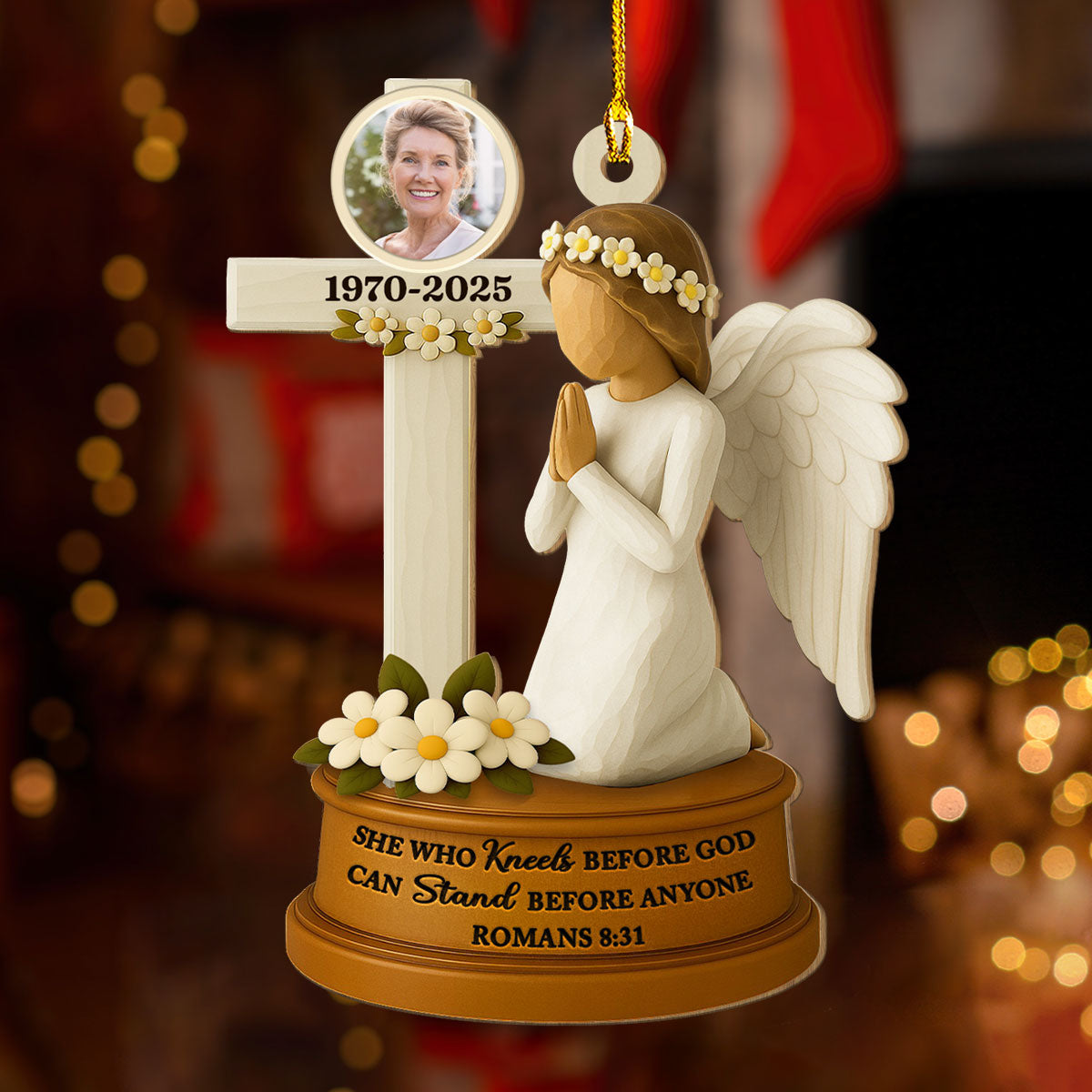 Custom Photo Memorial Christmas Ornament, Sympathy Keepsake • On Angels Wings - Personalized 3D Effect Wood Ornament