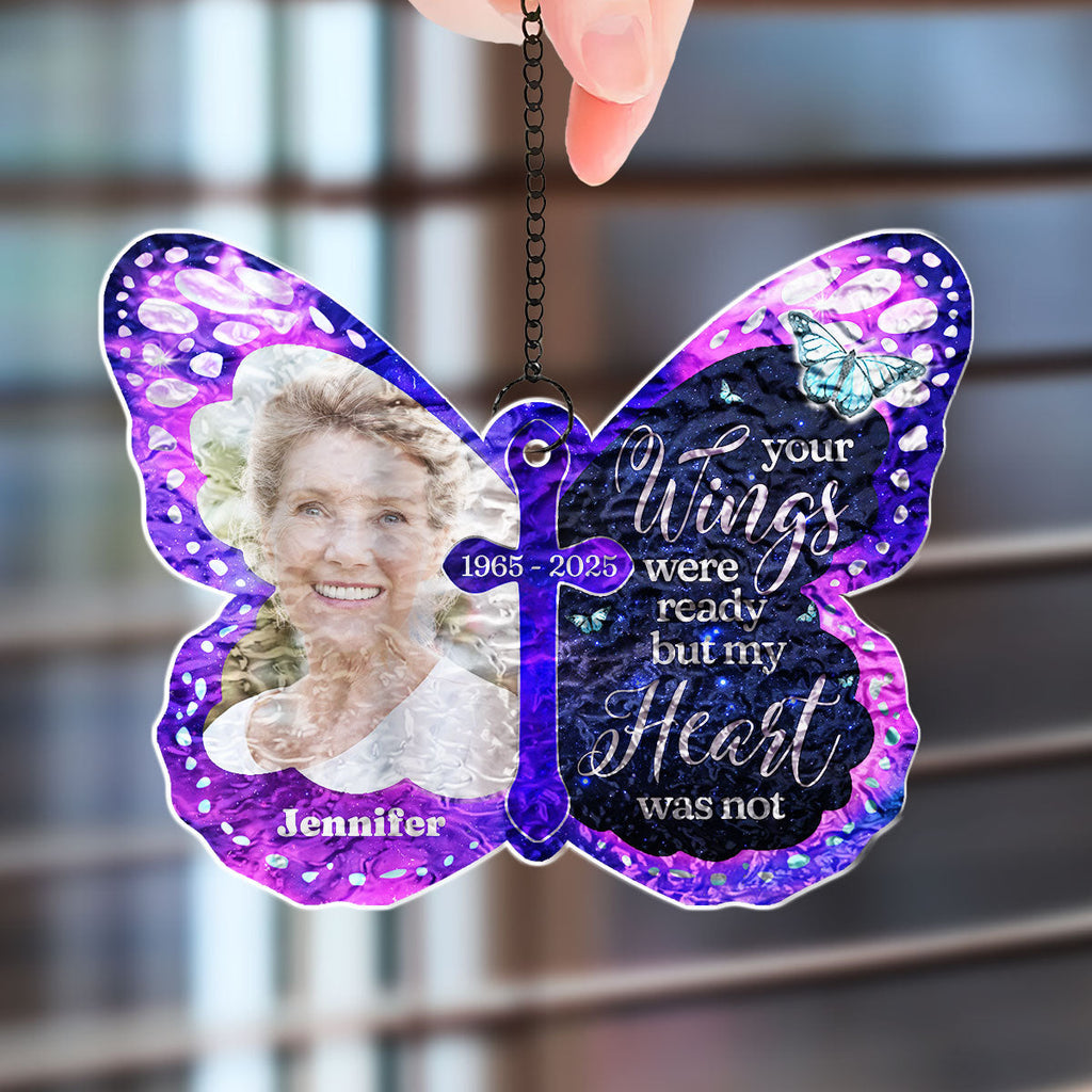 Custom Photo Memorial Hanging Decor, Remembrance Keepsake • Your Wings Were Ready - Personalized Wavy Suncatcher