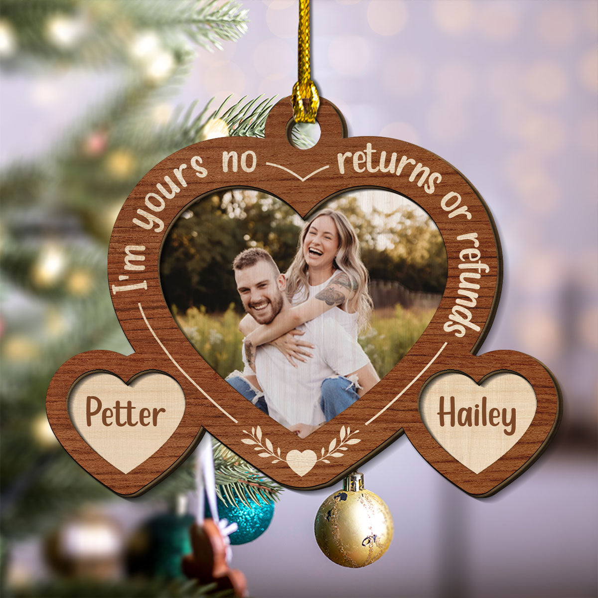 Custom Photo Couple Christmas Ornament, Anniversary Gift • I Am Yours No Returns - Personalized 2-layered Wood Ornament