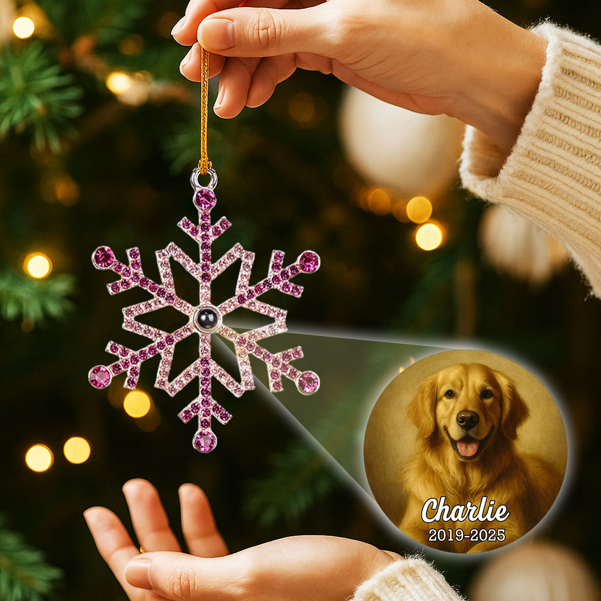 Custom Photo Keepsake Christmas Ornament • Forever In Our Hearts - Personalized Photo Snowflake Projection Ornament