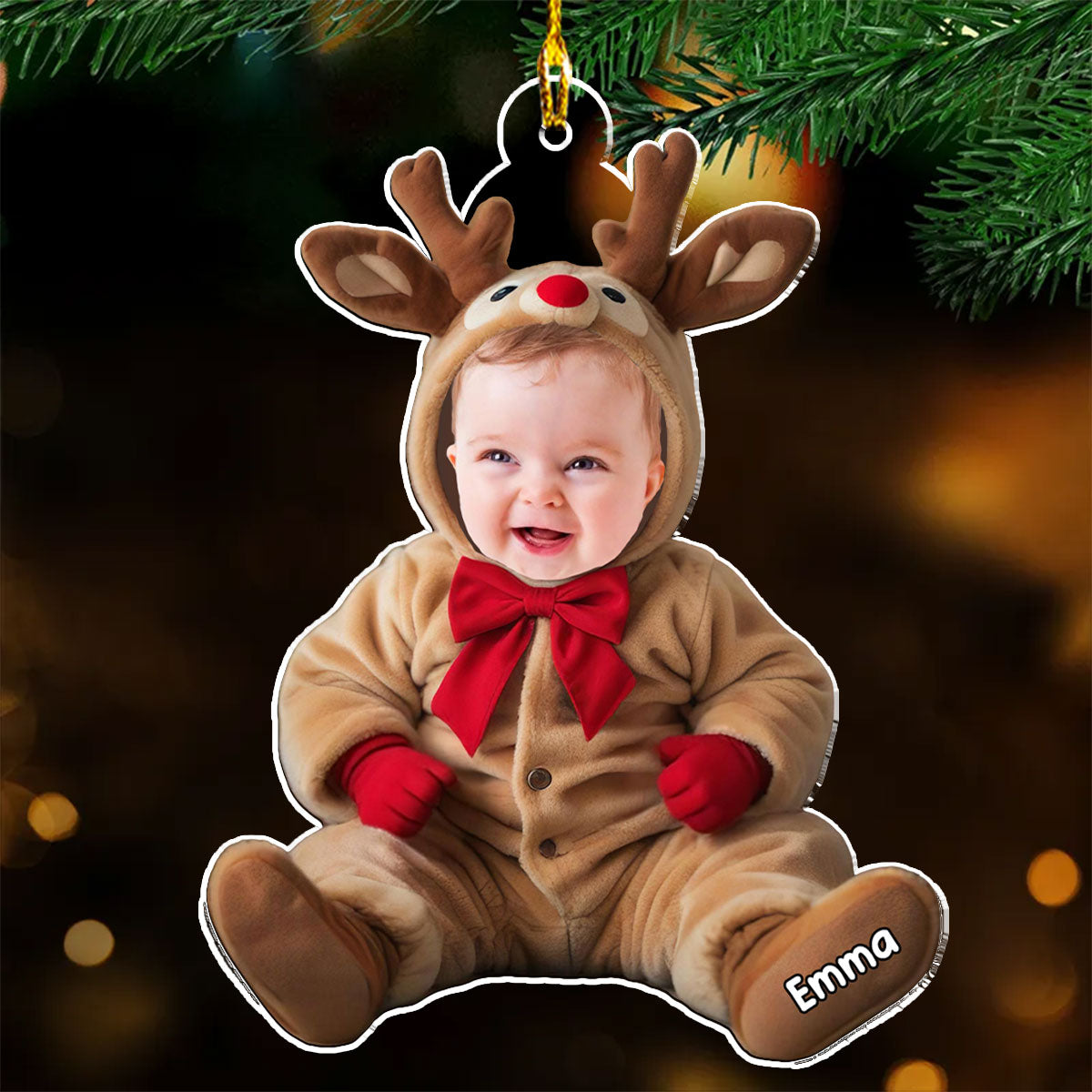 Custom Photo Baby Christmas Ornament for New Parents • Baby Reindeer Photo - Personalized Acrylic Ornament