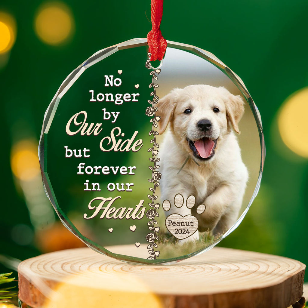 Custom Photo Memorial Christmas Ornament, Sympathy Keepsake • No Longer By Our Side - Personalized Glass Ornament