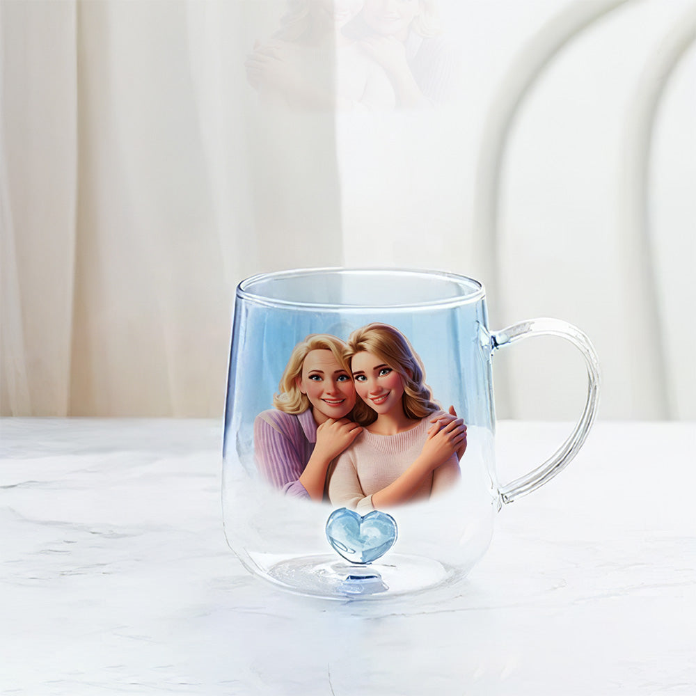Custom Photo Mother's Day Gift for Mom & Grandma • Mother And Daughter Cartoonize - Personalized Blue Gradient Glass Mug