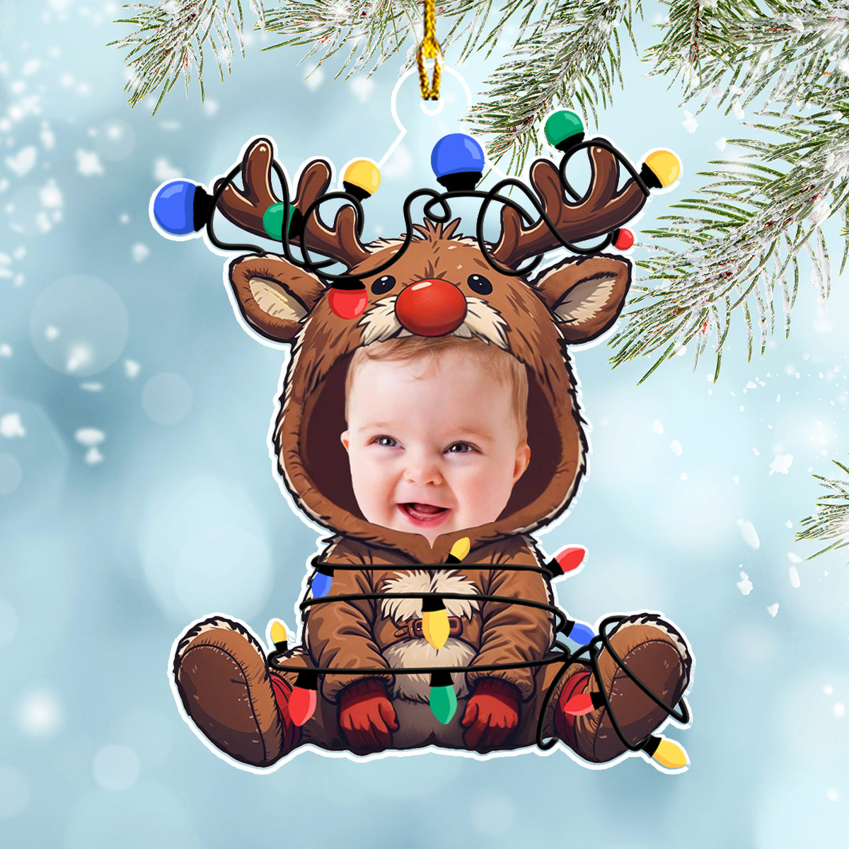 Custom Photo Baby Christmas Ornament for New Parents • Reindeer Baby Christmas - Personalized Acrylic Ornament