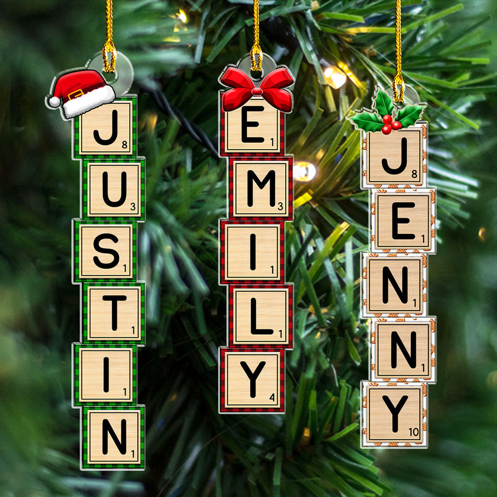 Custom Name Letter Tile Christmas Ornament & Stocking Tag • First Snow Box Letter - Personalized Acrylic Ornament