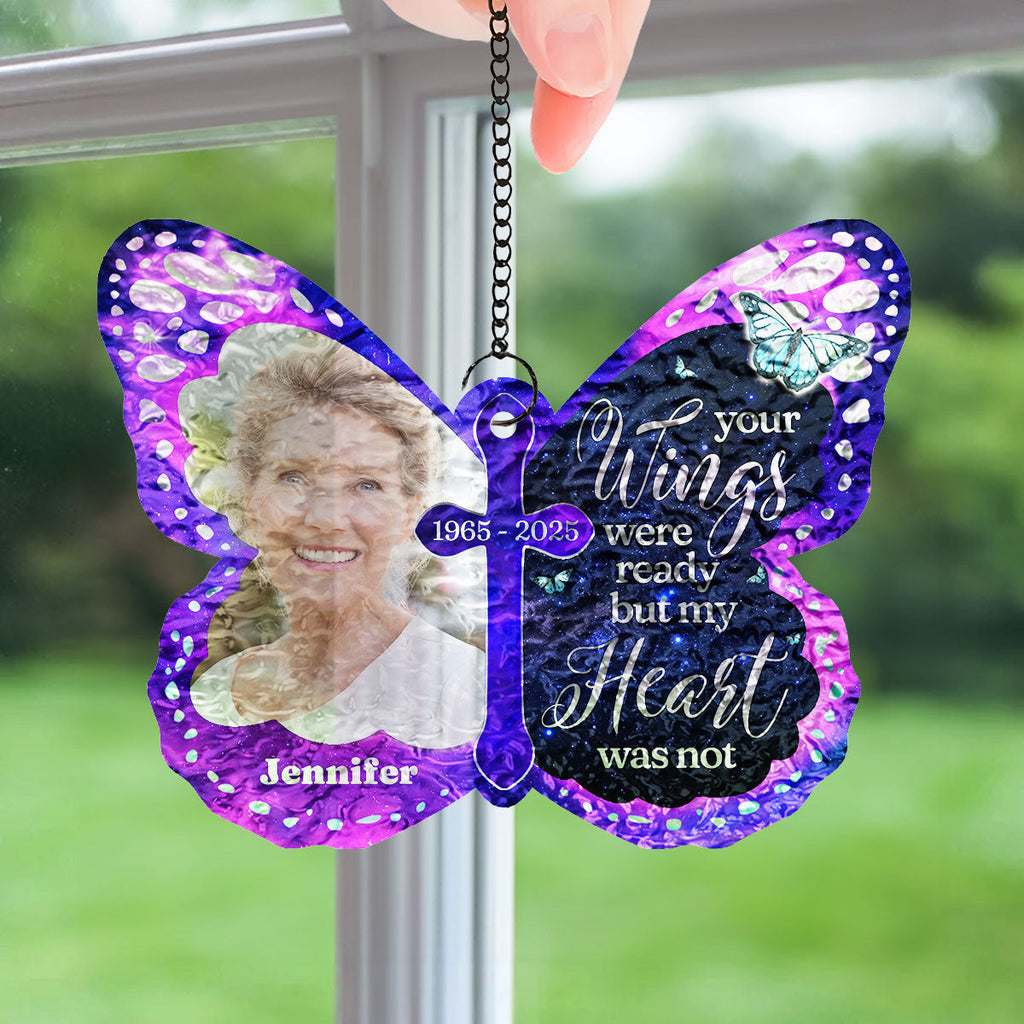 Custom Photo Memorial Hanging Decor, Remembrance Keepsake • Your Wings Were Ready - Personalized Wavy Suncatcher