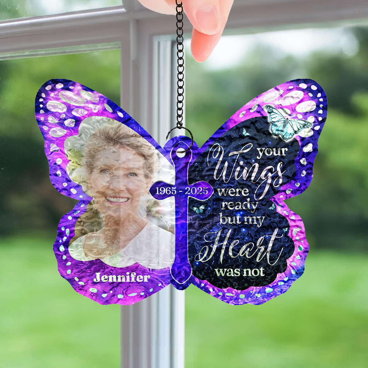 Custom Photo Memorial Hanging Decor, Remembrance Keepsake • Your Wings Were Ready - Personalized Wavy Suncatcher