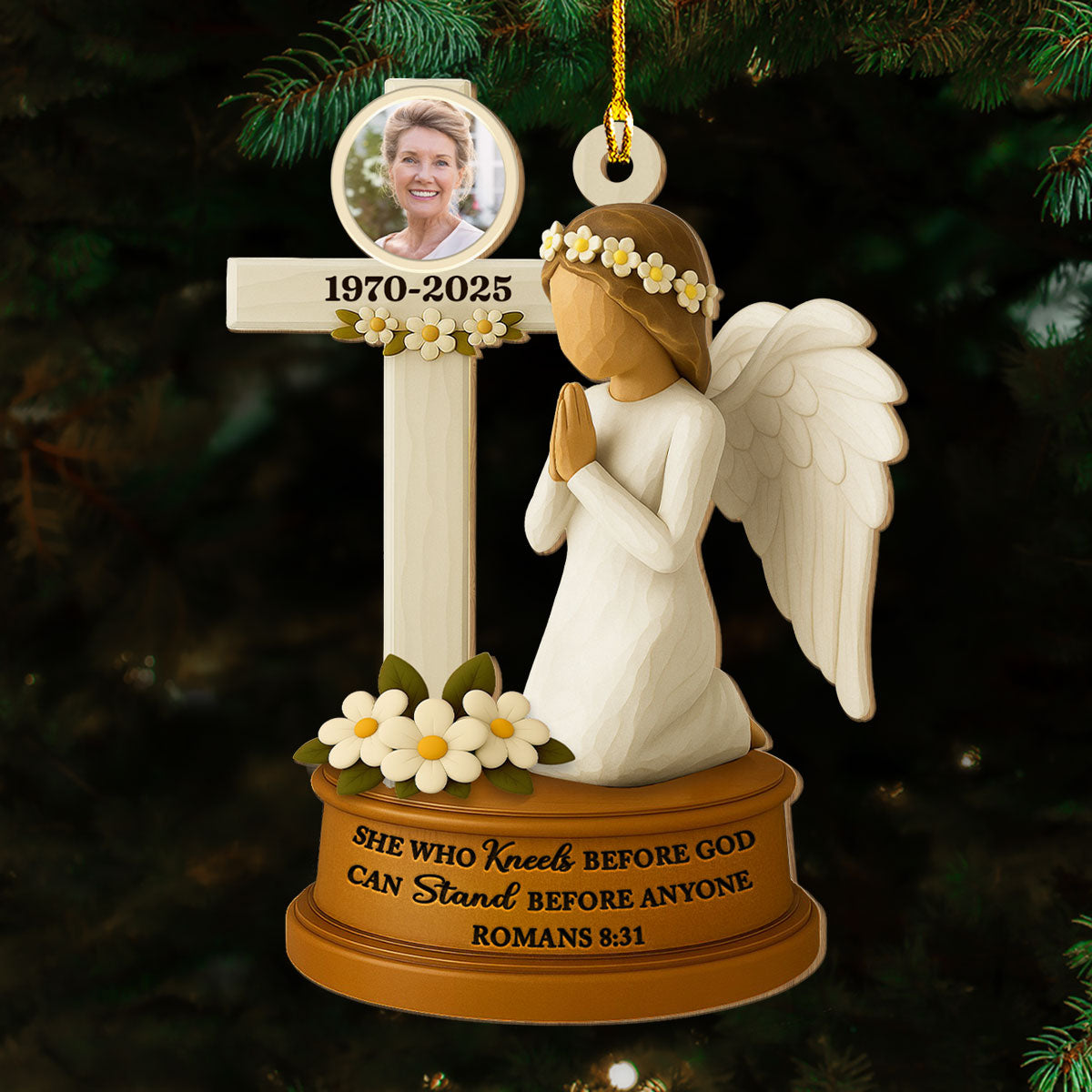 Custom Photo Memorial Christmas Ornament, Sympathy Keepsake • On Angels Wings - Personalized 3D Effect Wood Ornament