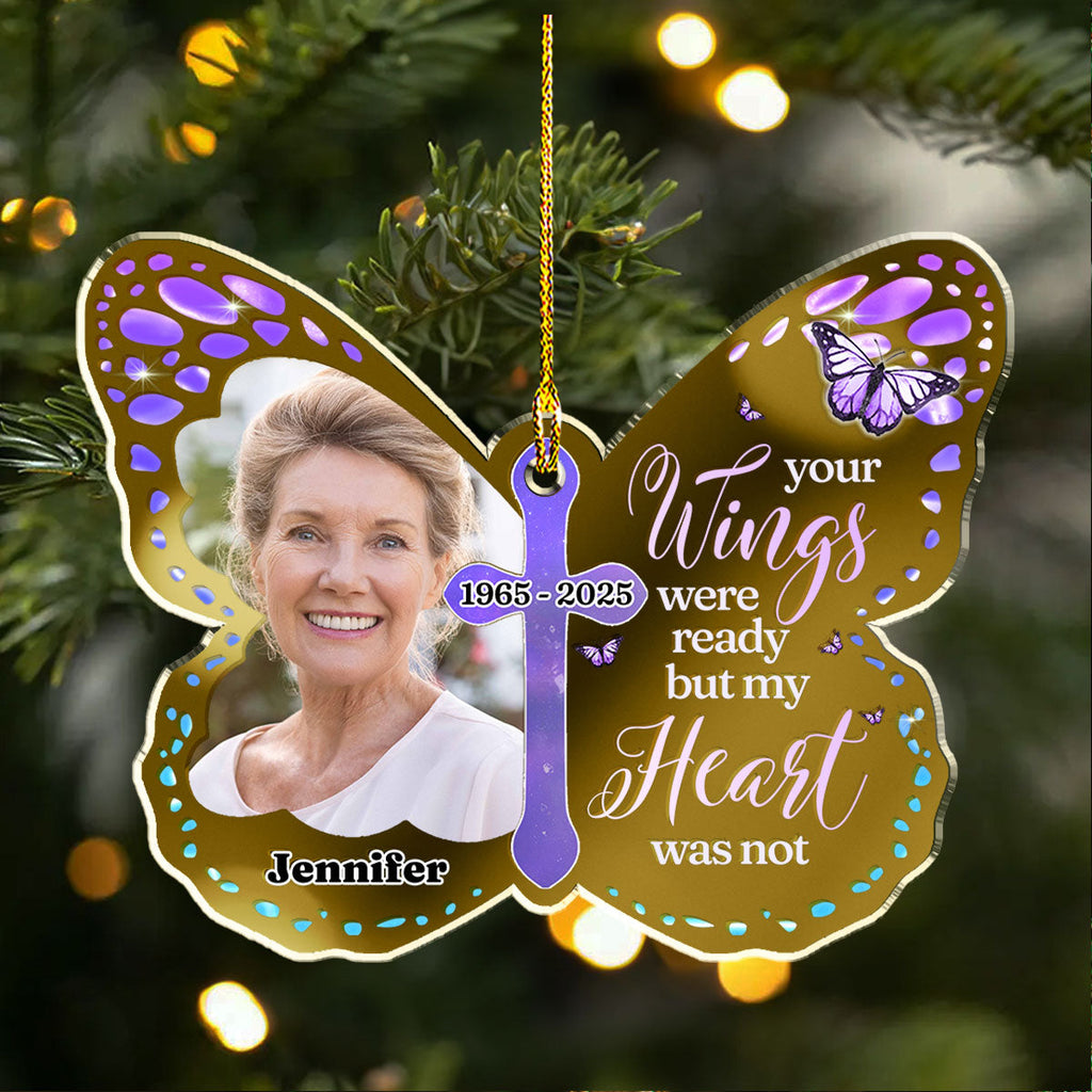 Custom Photo Memorial Christmas Ornament, Sympathy Keepsake • Your Wings Were Ready - Personalized Mirrored Acrylic Ornament