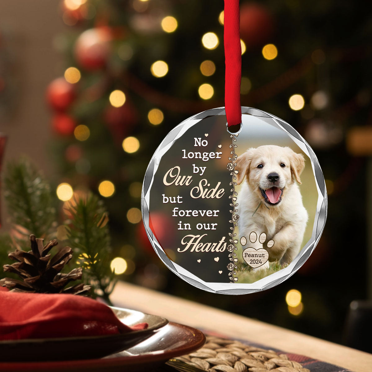 Custom Photo Memorial Christmas Ornament, Sympathy Keepsake • No Longer By Our Side - Personalized Glass Ornament