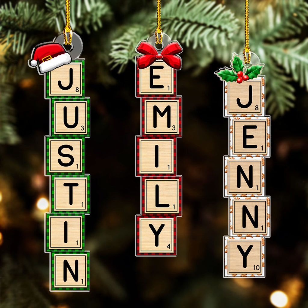 Custom Name Letter Tile Christmas Ornament & Stocking Tag • First Snow Box Letter - Personalized Acrylic Ornament