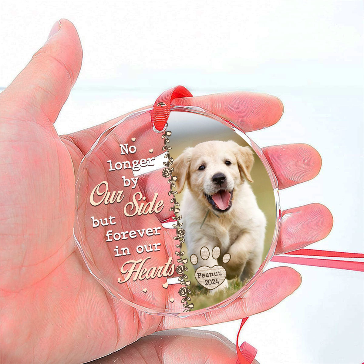 Custom Photo Memorial Christmas Ornament, Sympathy Keepsake • No Longer By Our Side - Personalized Glass Ornament