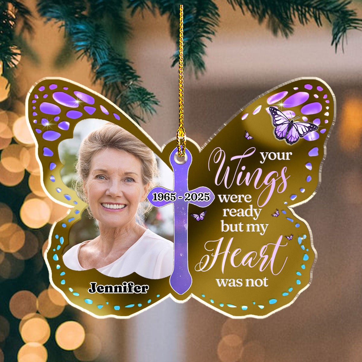 Custom Photo Memorial Christmas Ornament, Sympathy Keepsake • Your Wings Were Ready - Personalized Mirrored Acrylic Ornament