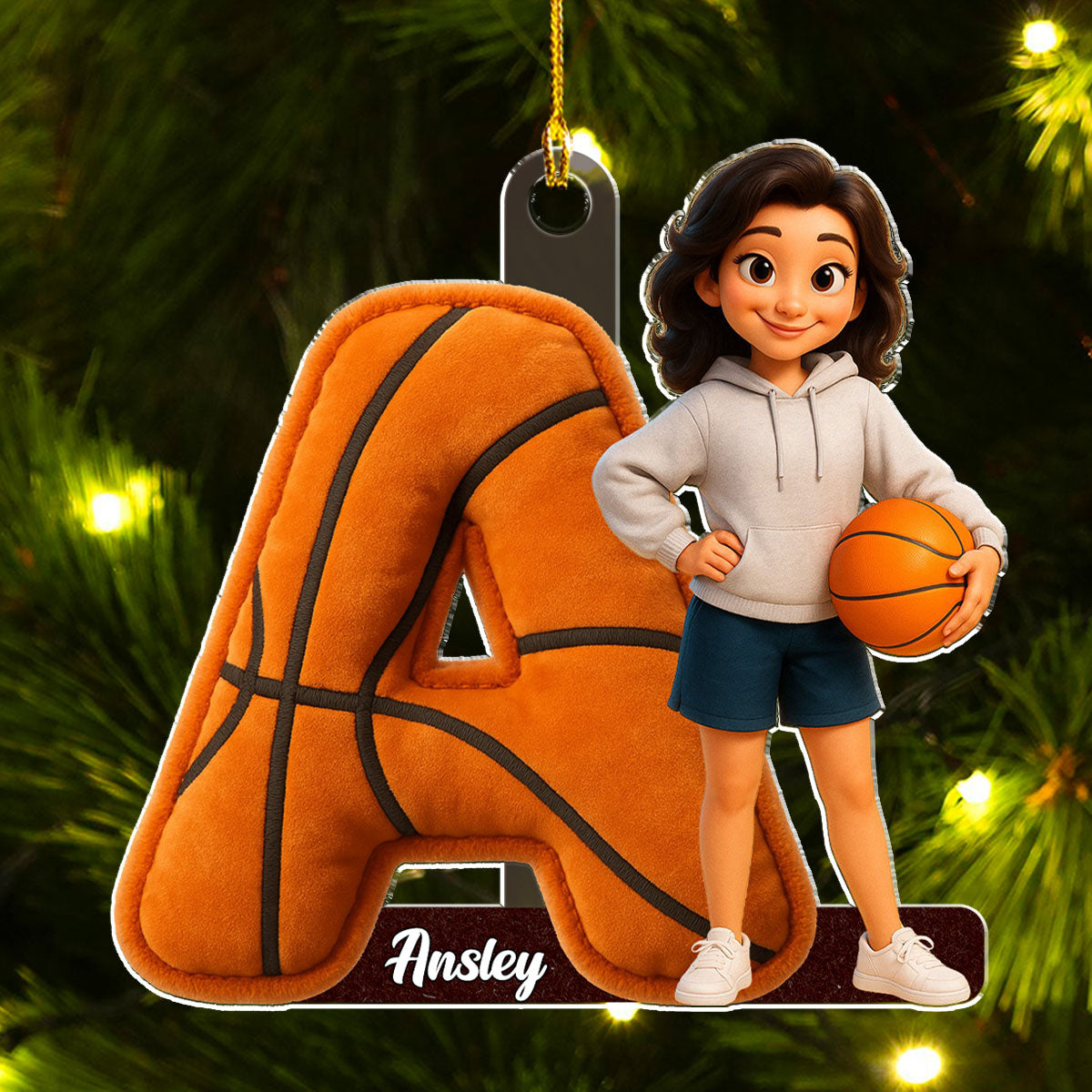 Custom Basketball Initial Christmas Ornament with Character • Basketball Letter - Personalized Acrylic Ornament