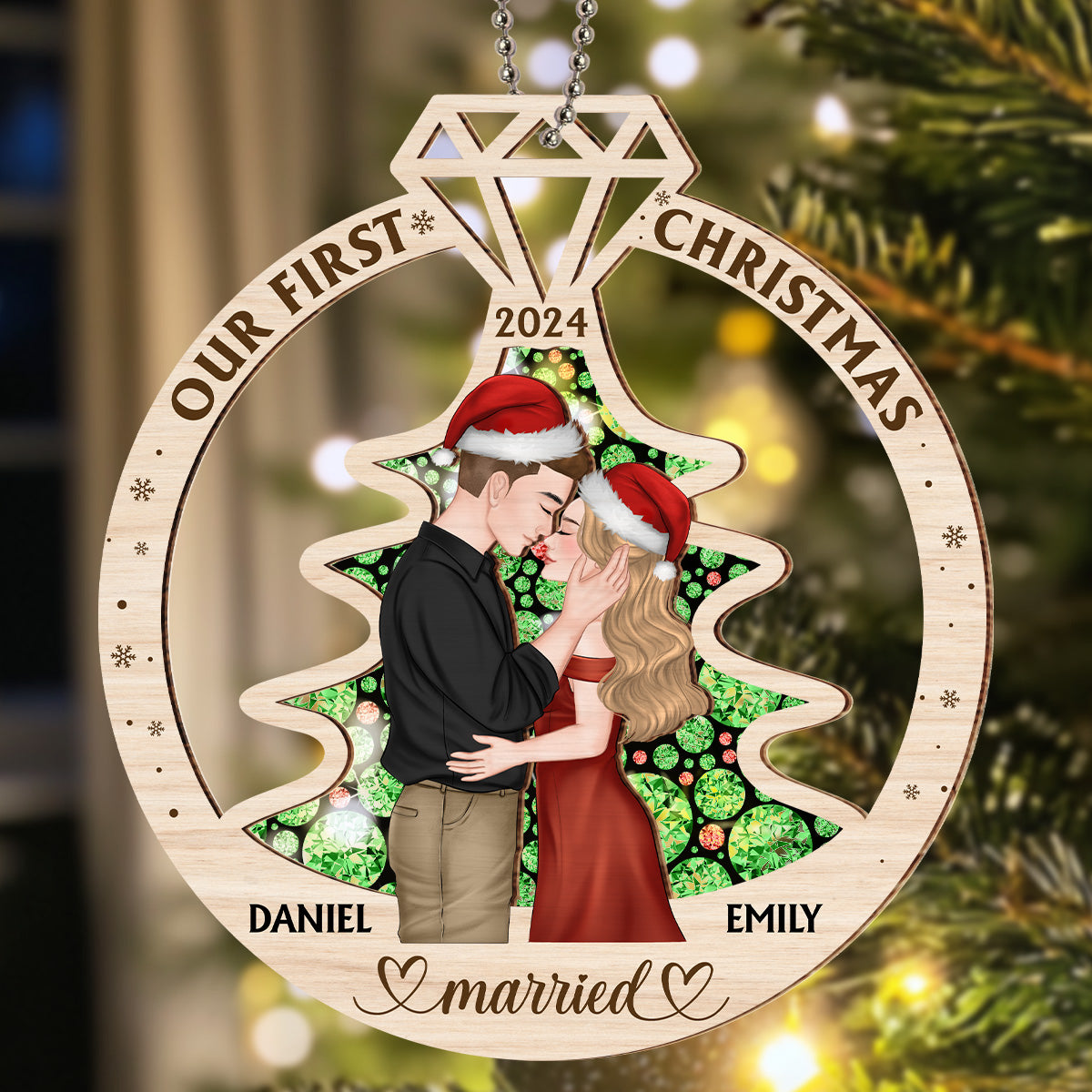 Custom First Christmas Ornament Married, Gift for Newlyweds •  Our First Christmas Married - Personalized Suncatcher Ornament