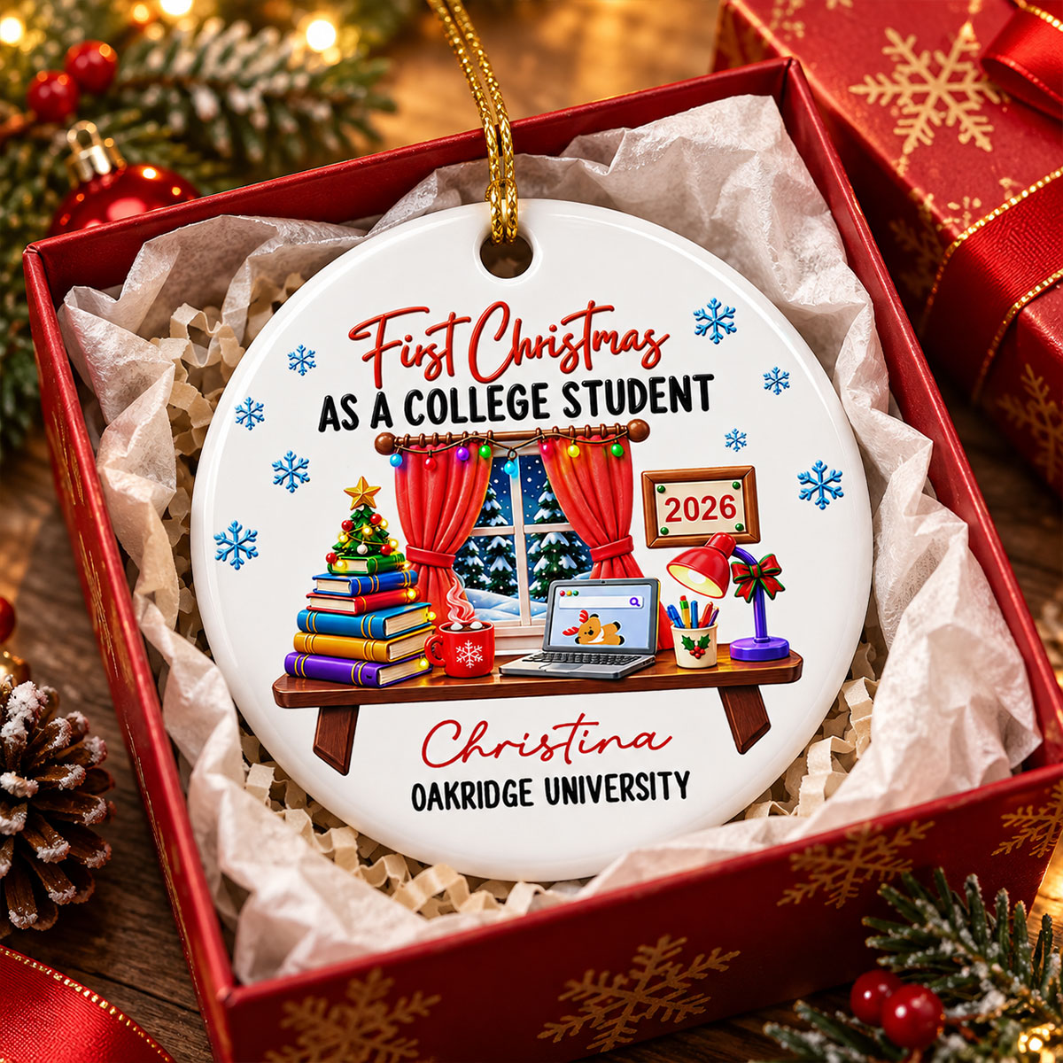 Custom Family Ornament, Christmas Gift for Family Members •  New Campus New Christmas Memories - Personalized Ceramic Ornament