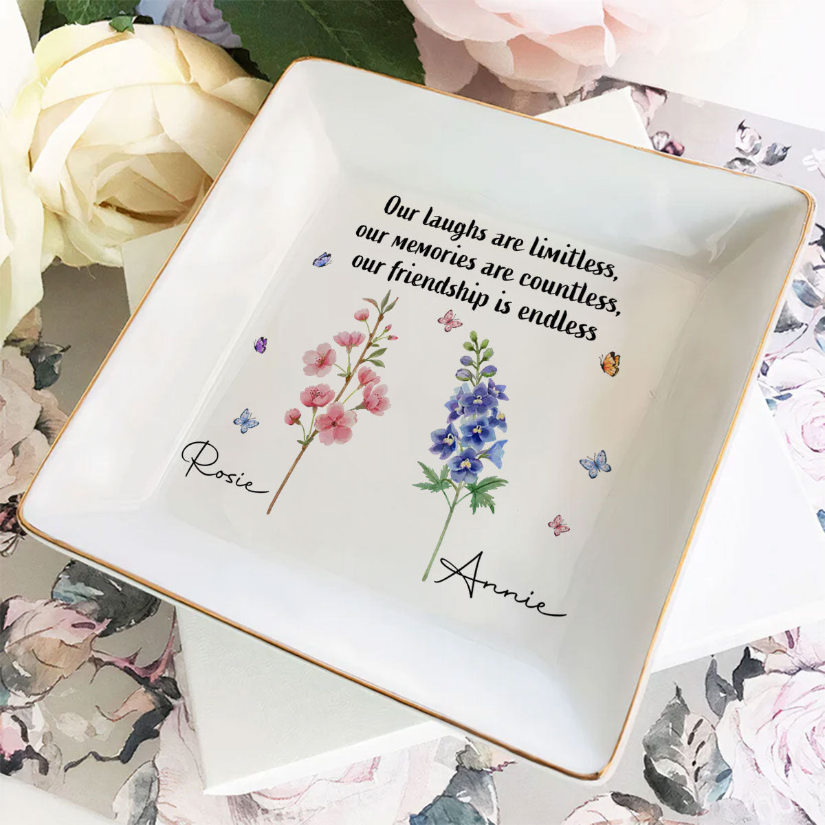 Custom Bestie Trinket Dish, Birthday Christmas Gift For Best Friend • Where Flowers Bloom So Does Hope - Personalized Jewelry Dish