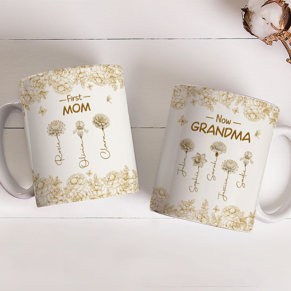 Custom Christmas & Birthday Gift For Grandma • First Mom Now Grandma Of Lovely Flowers - Personalized Coffee Mug