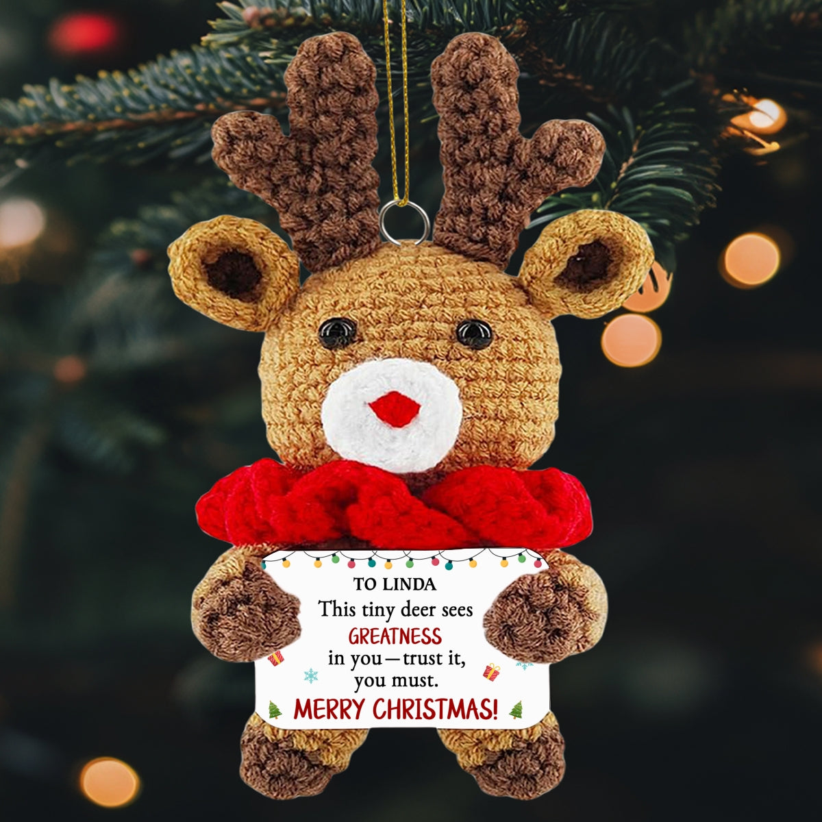 Custom Keepsake Christmas Ornament •  Merry Christmas - Personalized Deer Crocheted Ornament