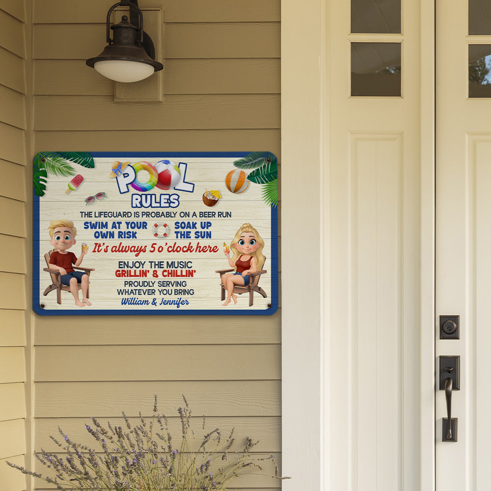Custom Couple Campground Sign, Campsite Outdoor Wall Decor • Pool Rules - Personalized Metal Sign