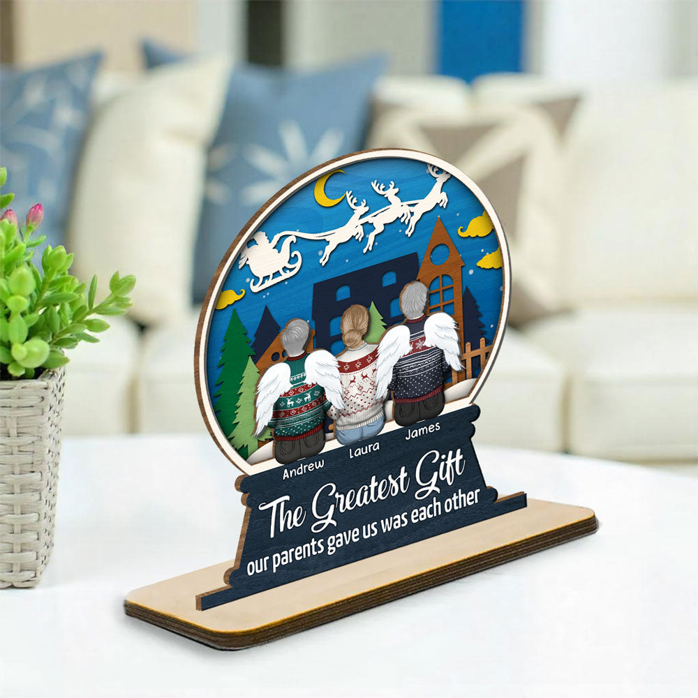 Custom Family Decor, Christmas Birthday Family Keepsake • Sibling Snowglobe - Personalized 2-Layer Wood Plaque With Flat Base