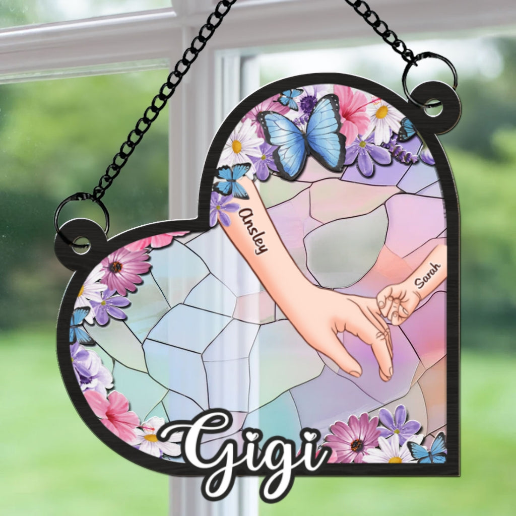 Custom Name Grandma Hanging Decor, Mother's Day Birthday Gifts • Grandma Mom Holding Hands - Personalized Suncatcher