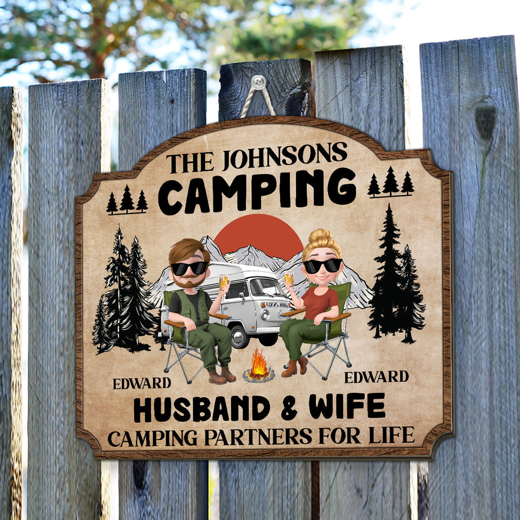 Custom Couple Campground Sign, Campsite Outdoor Wall Decor • Camping Partners For Life - Personalized Wood Sign