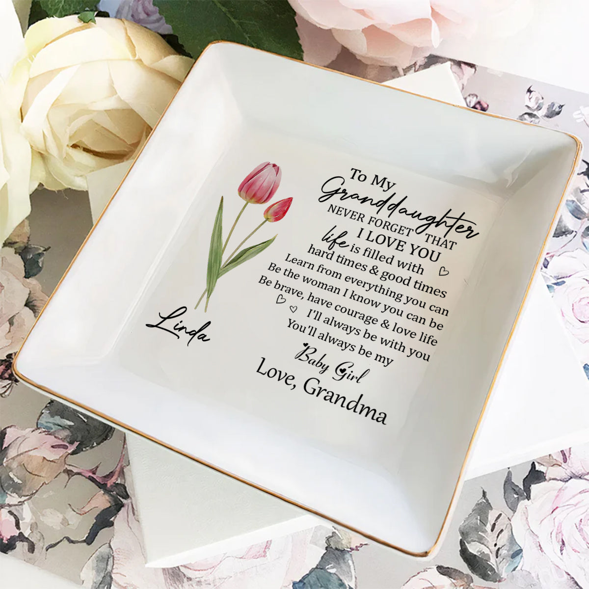 Custom Granddaughter Trinket Dish, Birthday Christmas Gift • Never Forget Granddaughter - Personalized Jewelry Dish