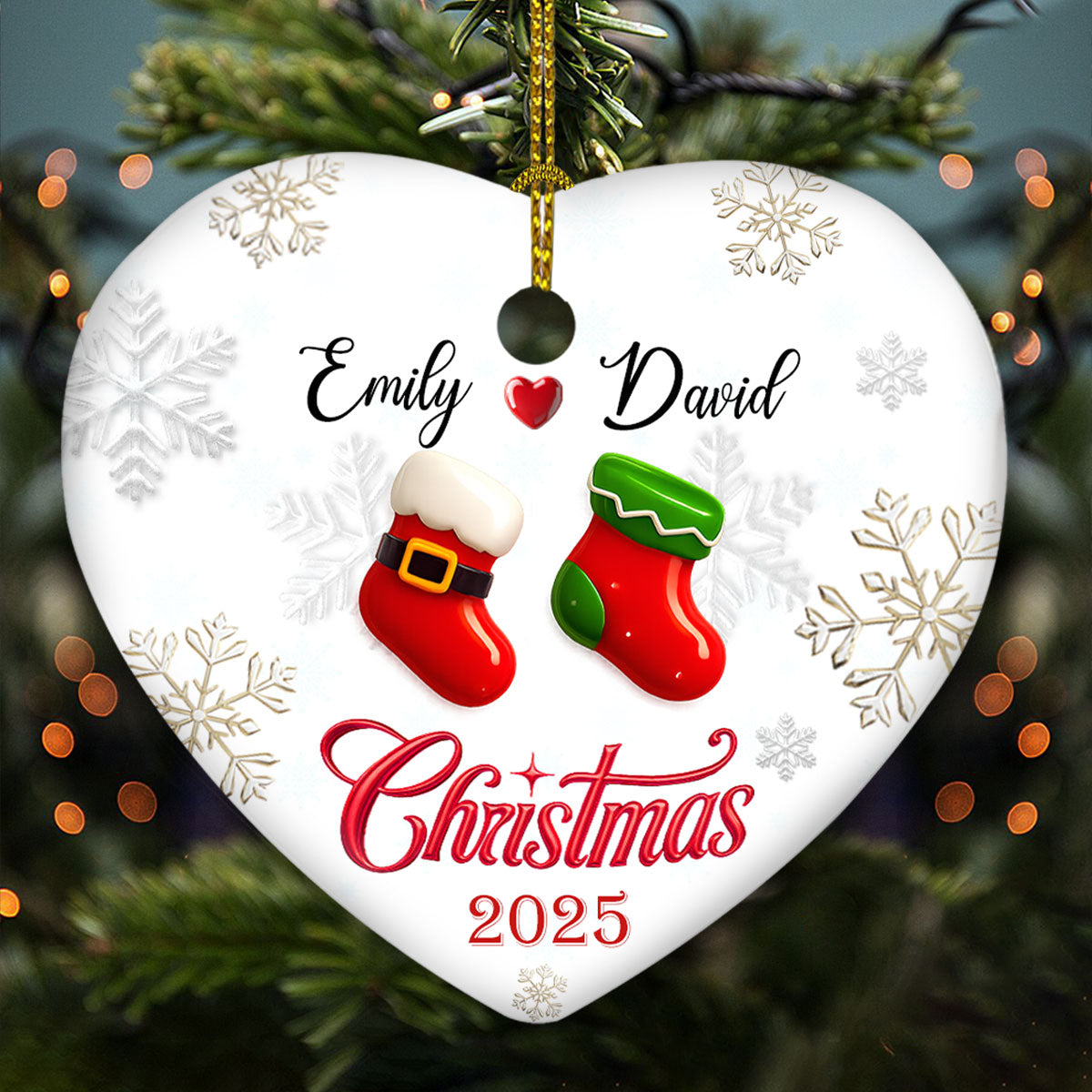 Custom Couple Christmas Ornament, Anniversary Gift •  Our Matching Socks - Personalized 3D Effect Heart Ceramic Ornament