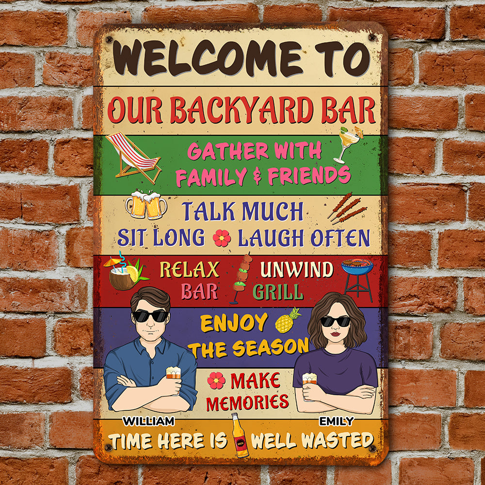 Custom Family Summer Backyard, Patio & Porch Decor • Welcome To Our Backyard Bar - Personalized Metal Sign