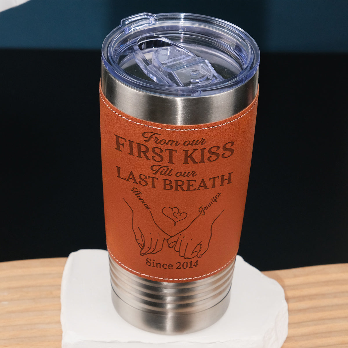 Custom Christmas Anniversary Gifts For Husband • Our First Kiss - Personalized Engraved Leather Tumbler