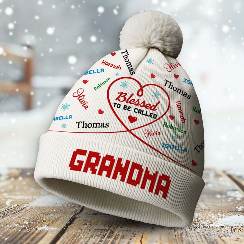 Custom Name Grandma Christmas Winter Hat • Blessed To Be Called Grandma - Personalized Bobble Beanie Hat