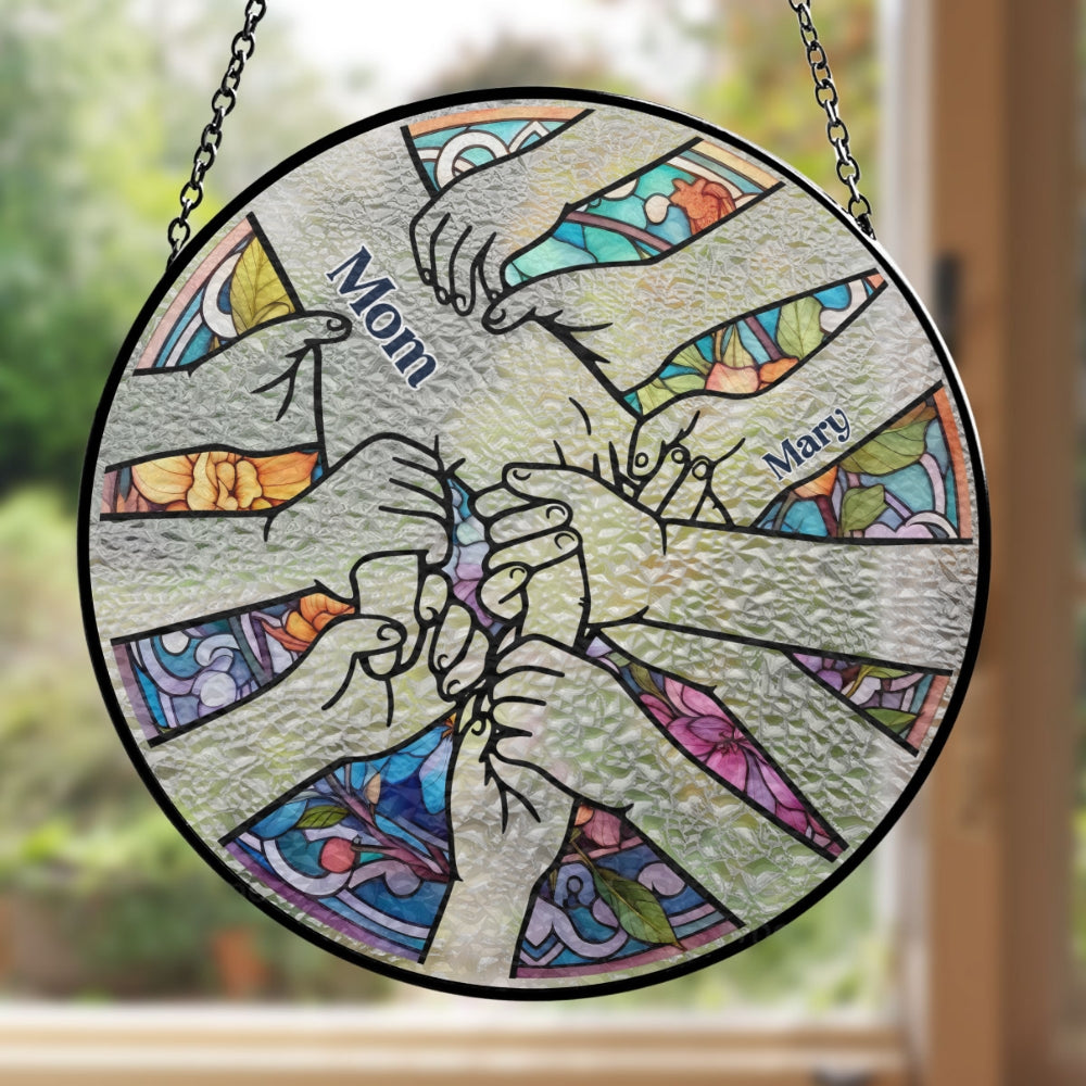Custom Name Grandma Hanging Decor, Mother's Day Birthday Gifts • Hold Our Hands And Our Hearts - Personalized Window Hanging Suncatcher