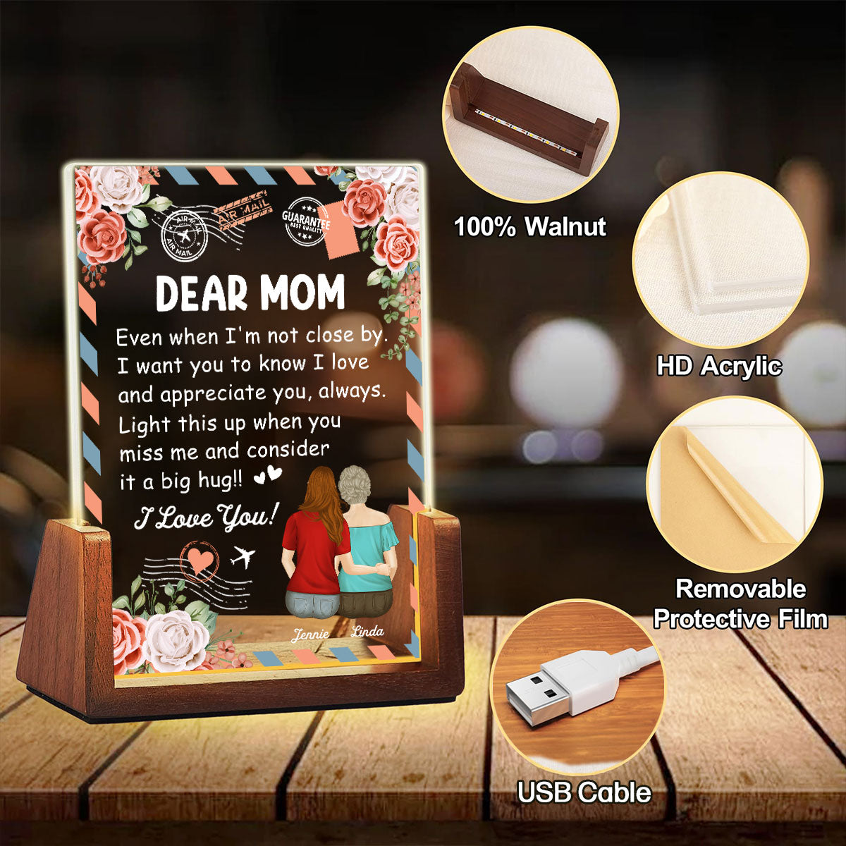 Custom Gift for Mom Grandma, Mother's Day Birthday • A Big Hug - Personalized Night Light